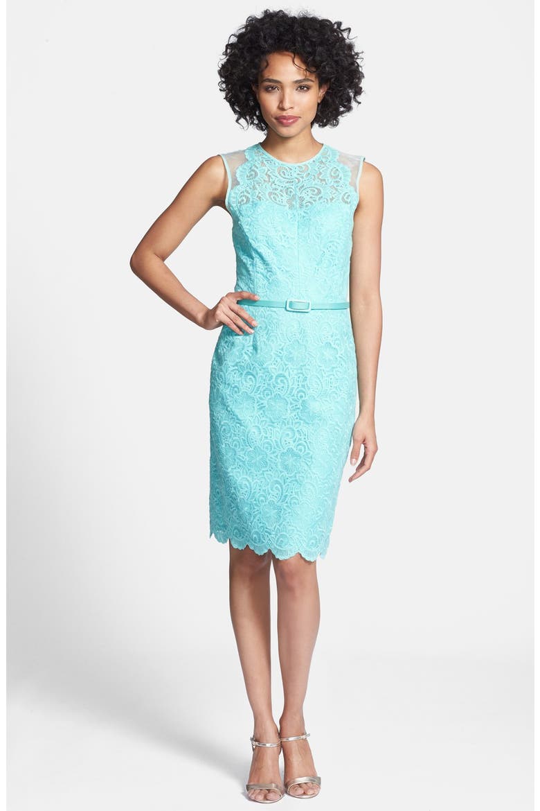 Illusion Yoke Lace Organza Sheath Dress, Alternate, color, SEAGLASS