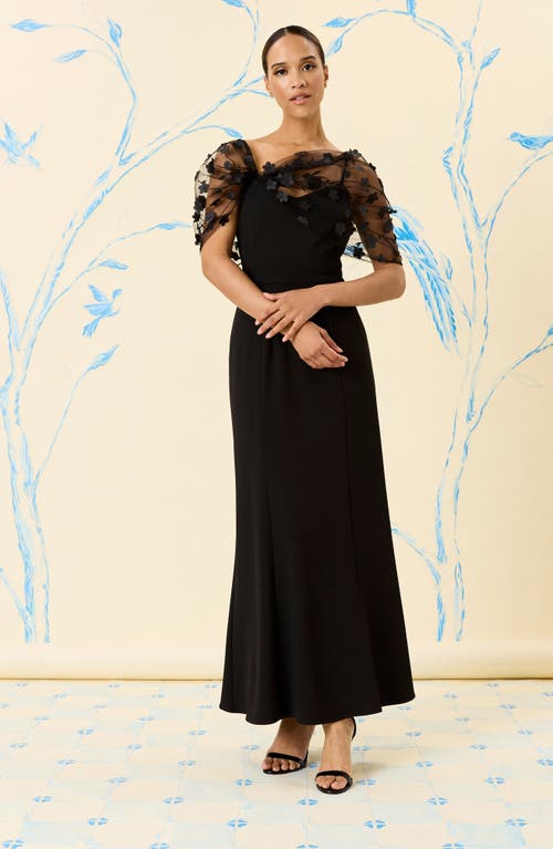Maggy London Floral Appliqué Convertible Sleeve Gown In Black