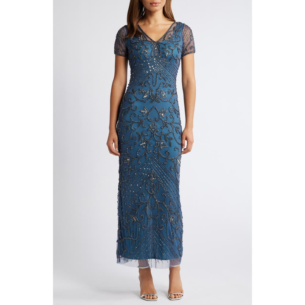 Pisarro Nights Beaded Mesh Column Gown in Cobalt