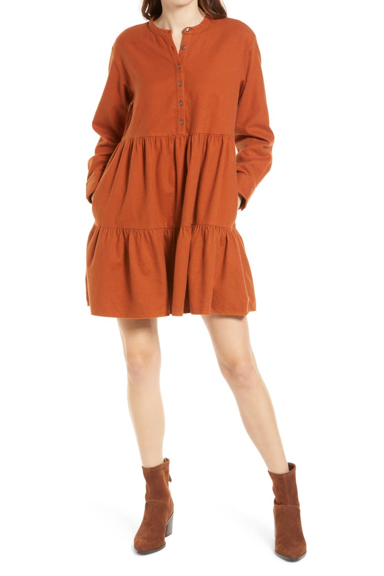 Long Sleeve Button Placket Tiered Cotton Flannel Minidress, Alternate, color, WARM NUTMEG