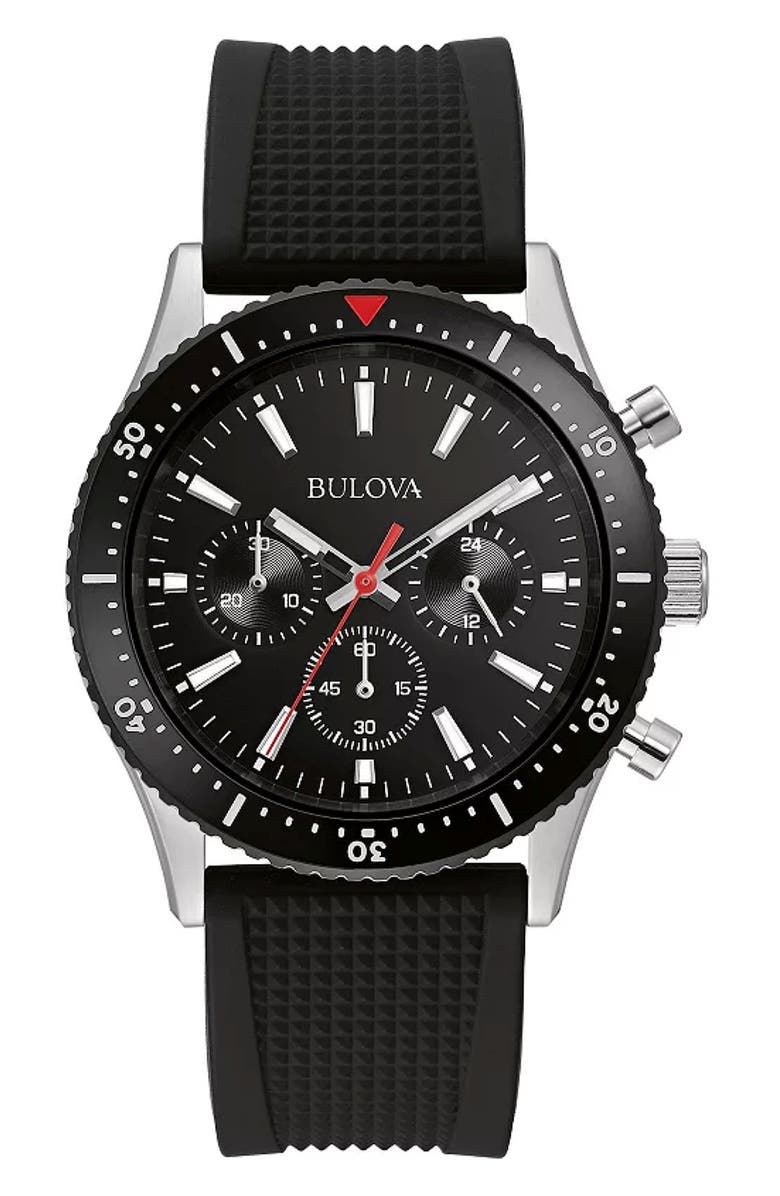 BULOVA Classic Rubber Strap Chronograph Watch, 41mm, Main, color, Black