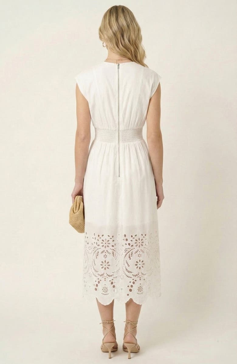 Modenaire Cap Sleeve Smocked Front Zip Midi Dress, Alternate, color, White