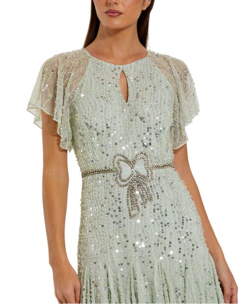 MAC DUGGAL MAC DUGGAL BEADED MESH FLUTTER SLEEVE A LINE MIDI DRESS