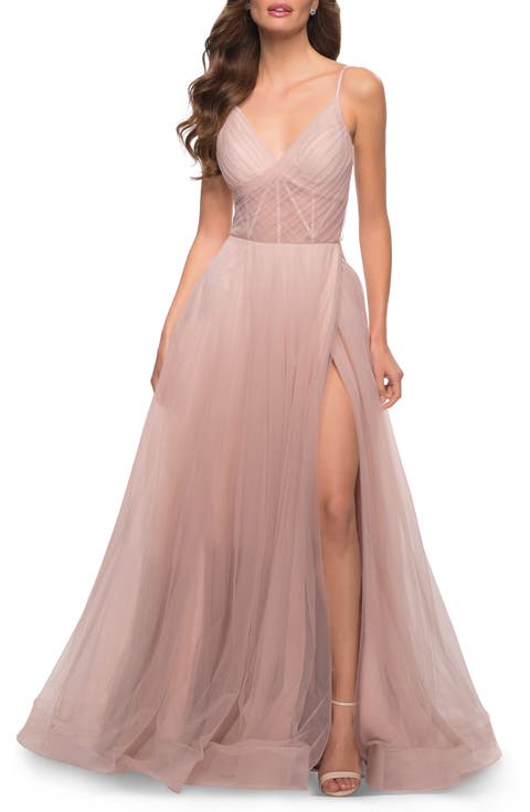 A Line Tulle Prom Dress with Sheer Bodice