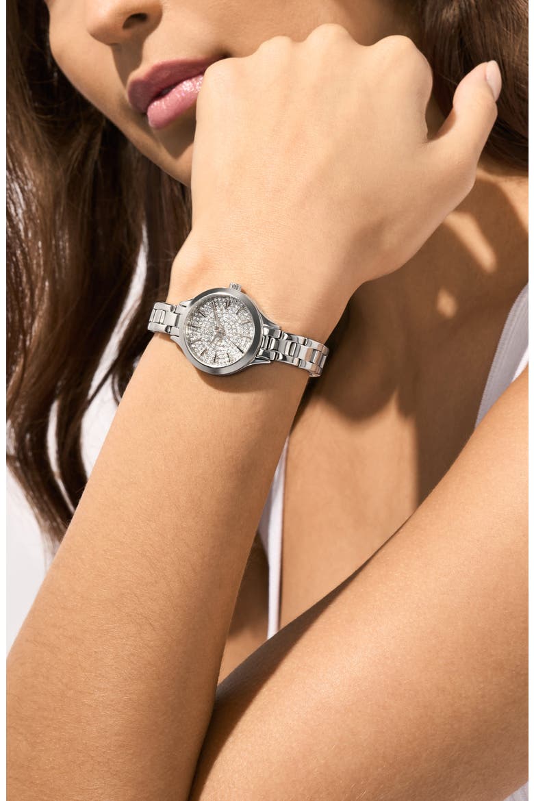 Aspyn Crystal Three-Hand Quartz Bracelet Watch, 28mm, Alternate, color, SILVER