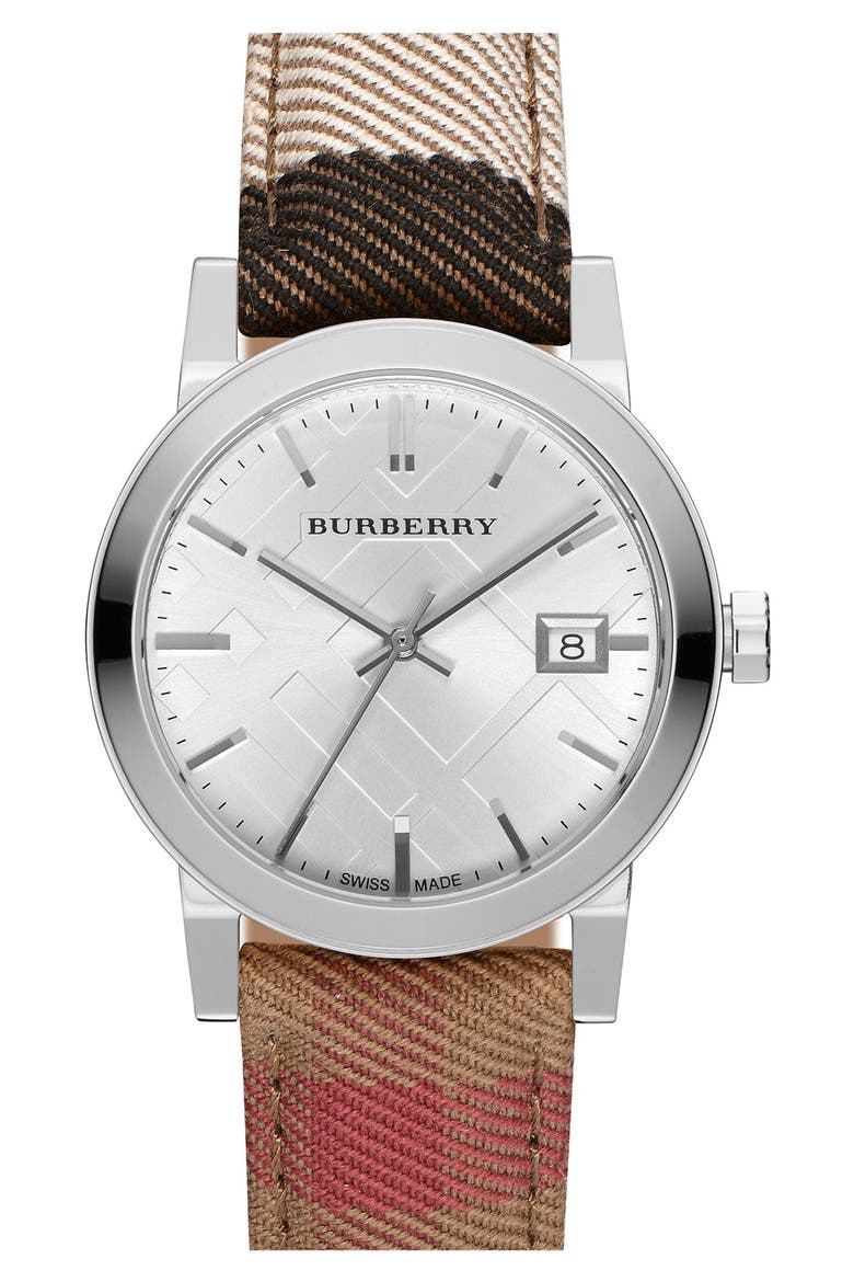 'The City' Woven Strap Watch, 34mm, Main, color, HOUSE CHECK/ WHITE