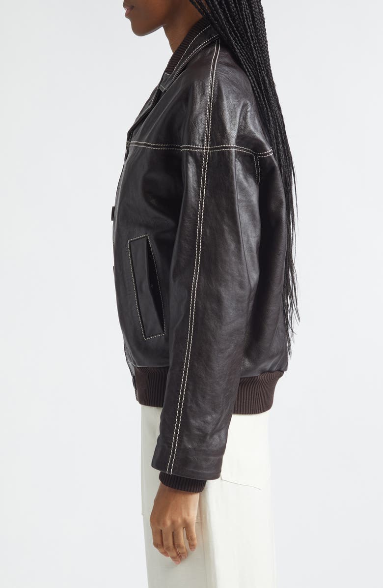 Wales Bonner Time Rib Trim Leather Jacket, Alternate, color, Dark Brown