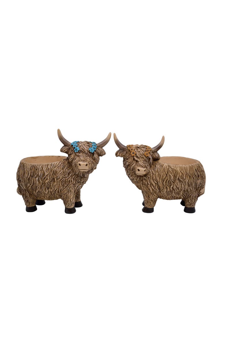 Resin Highland Cow Planter Set of 2 Brown for Spring Garden Decor, Main, color, Brown