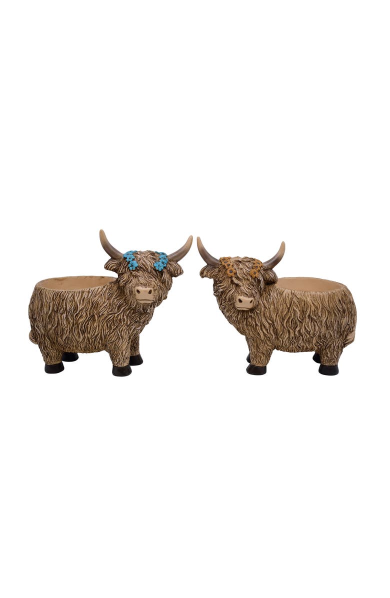 Transpac Resin Highland Cow Planter Set of 2 Brown for Spring Garden Decor, Main, color, Brown