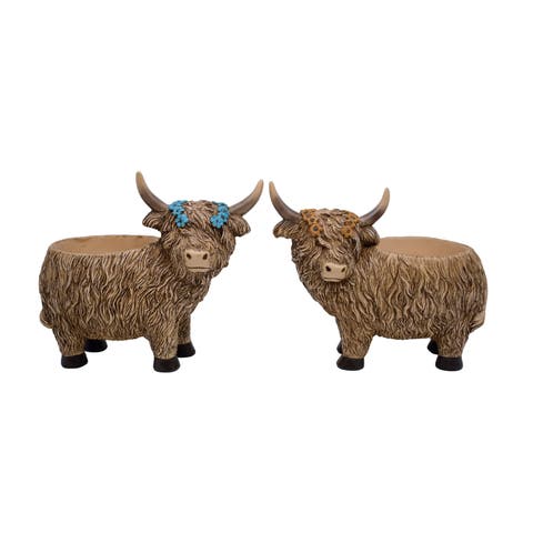 Resin Highland Cow Planter Set of 2 Brown for Spring Garden Decor