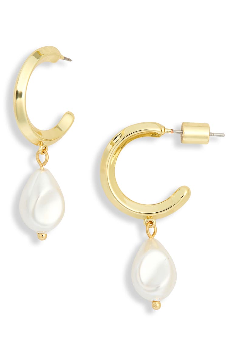 Jones Pearl Drop Huggie Hoop Earrings, Main, color, GOLD