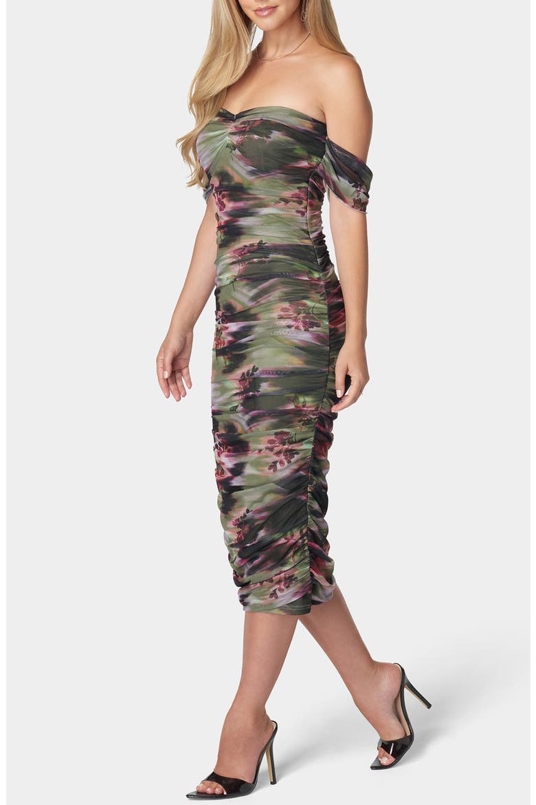 Off-the-Shoulder Ruched Midi Dress, Alternate, color, OLIVE MULTI