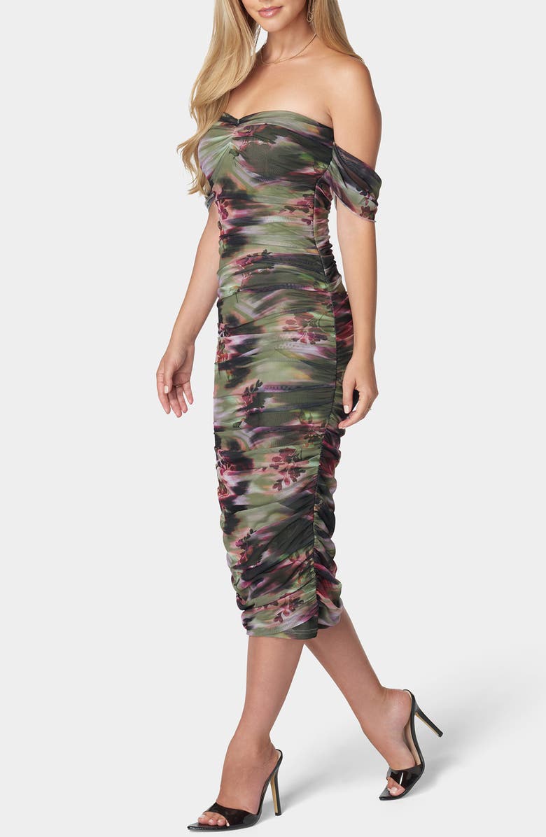 bebe Off-the-Shoulder Ruched Midi Dress, Alternate, color, 