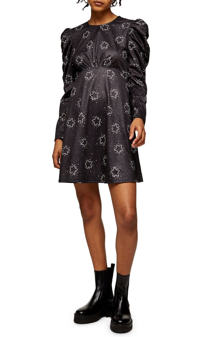 Ruched Jersey Long Sleeve Minidress, Main, color, BLACK MULTI