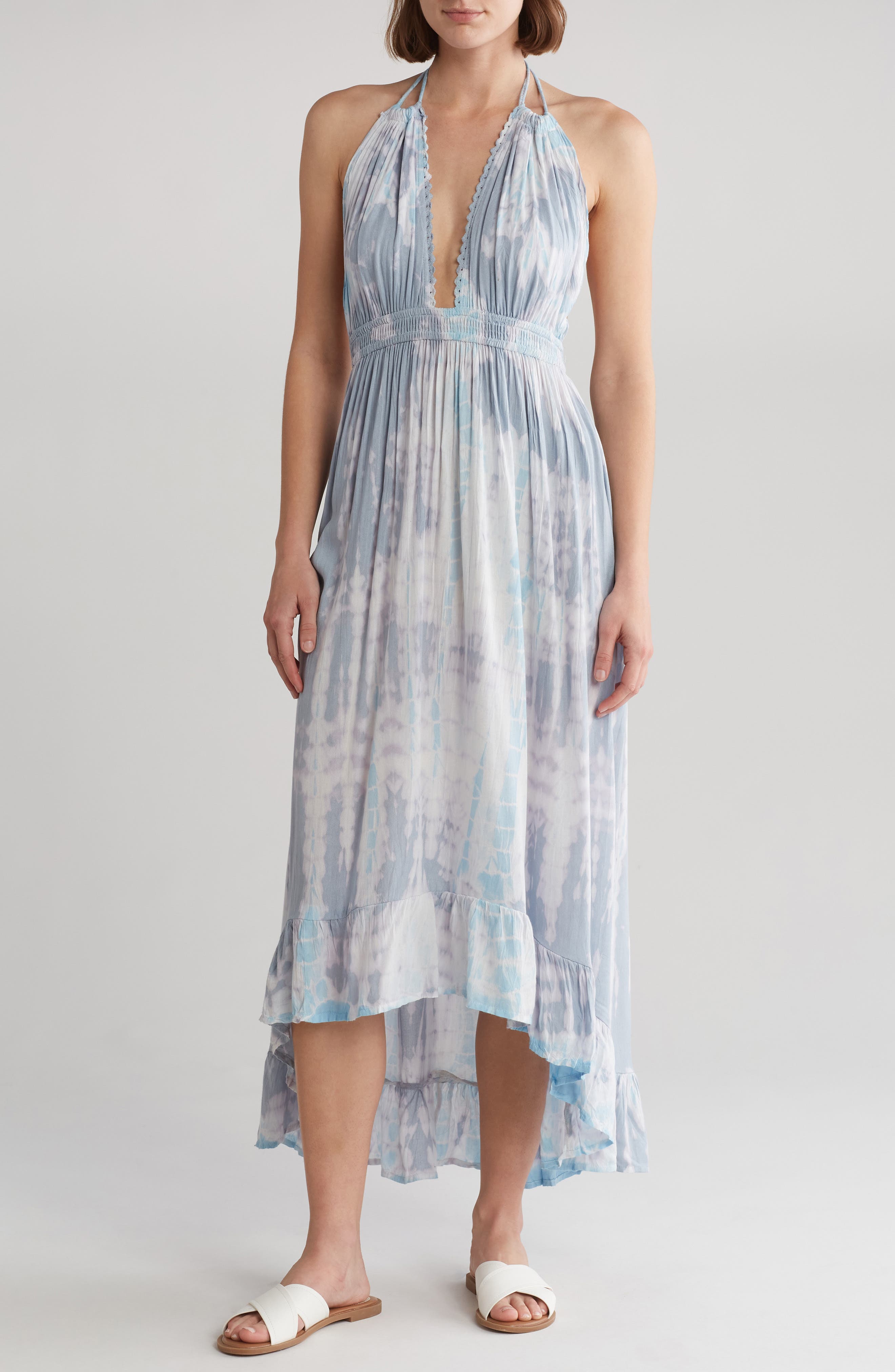 BOHO ME Open Back Plunge Neck Ombré Halter Dress