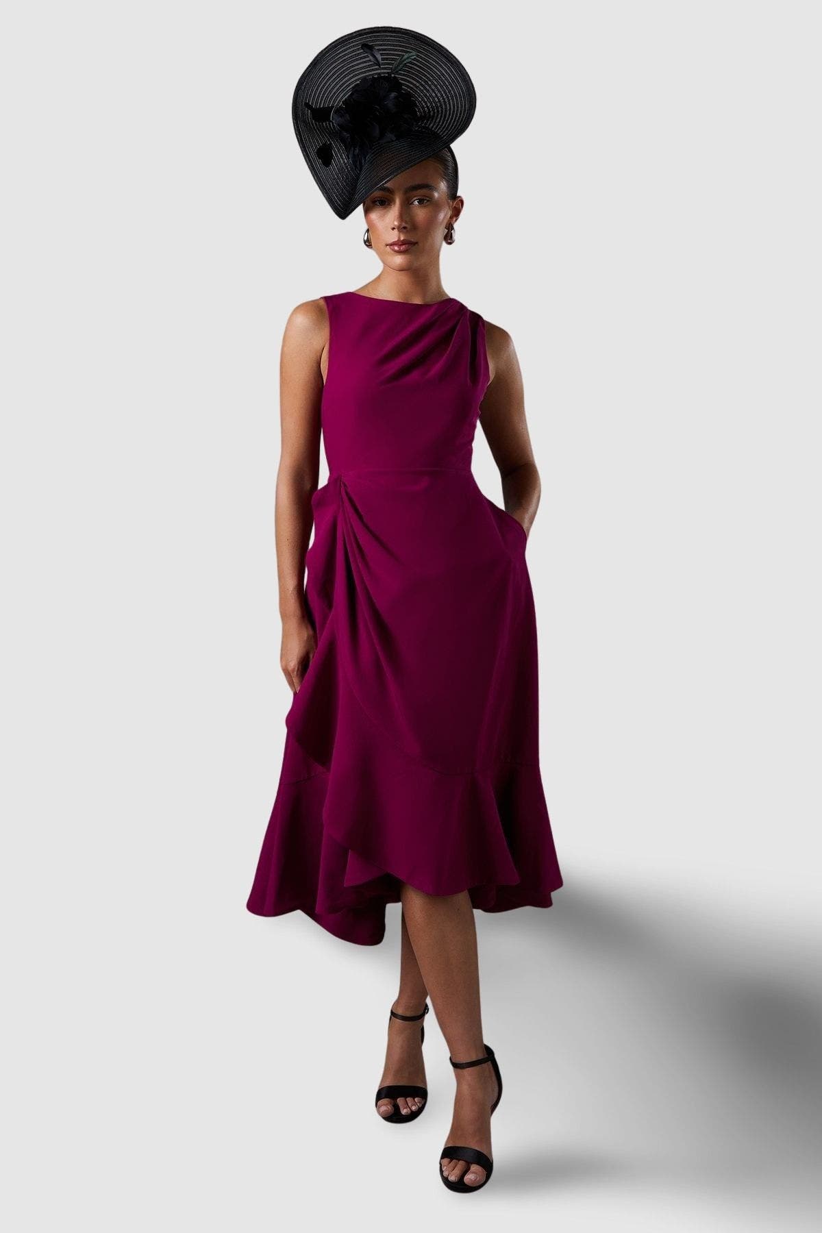 Coast Crepe Ruffle Low Back Dress In Burgundy