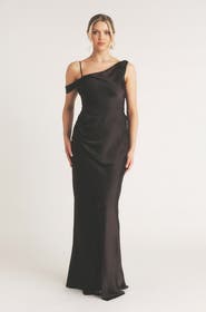Six Stories Asymmetric Bardot Satin Bridesmaid Dress