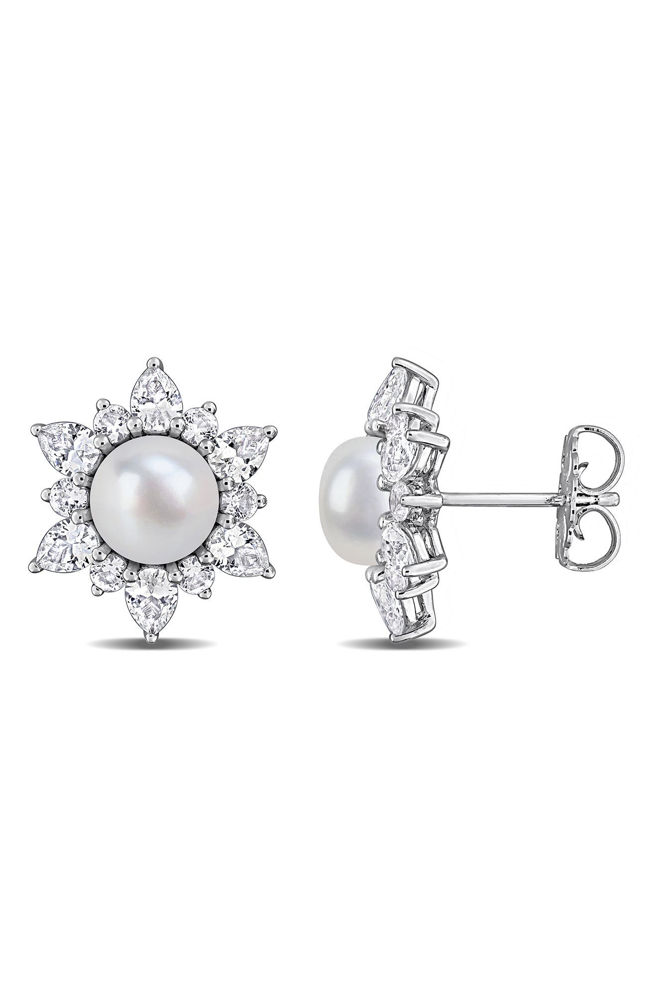 DELMAR Cultured Pearl & Lab Grown White Sapphire Halo Stud Earrings
