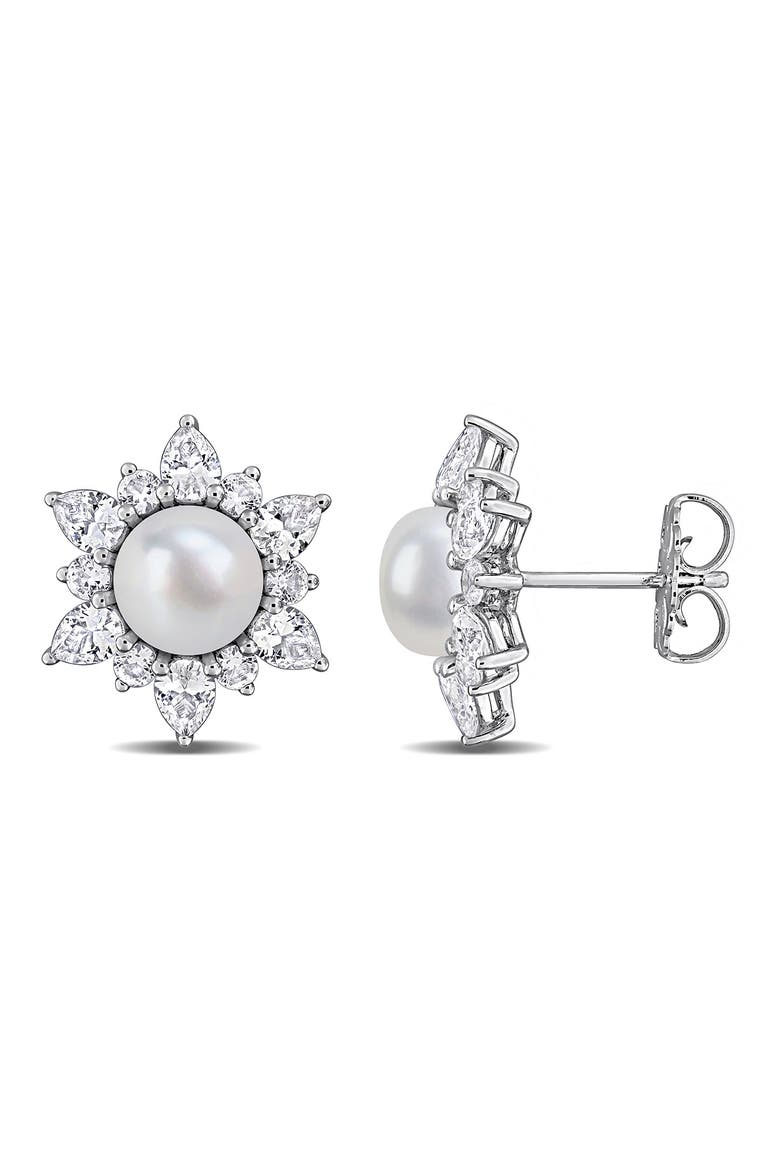 Cultured Pearl & Lab Grown White Sapphire Halo Stud Earrings, Main, color, WHITE