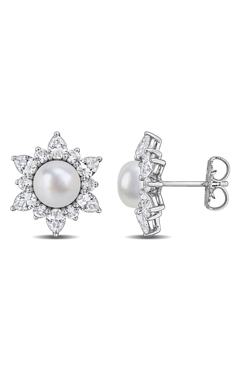 DELMAR Cultured Pearl & Lab Grown White Sapphire Halo Stud Earrings, Main, color, 