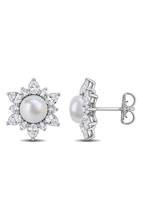 Cultured Pearl & Lab Grown White Sapphire Halo Stud Earrings