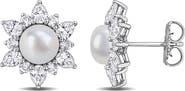 DELMAR Cultured Pearl & Lab Grown White Sapphire Halo Stud Earrings