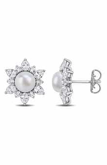 Cultured Pearl & Lab Grown White Sapphire Halo Stud Earrings