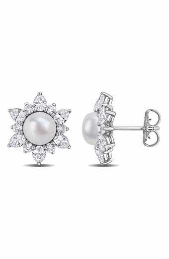 Cultured Pearl & Lab Grown White Sapphire Halo Stud Earrings
