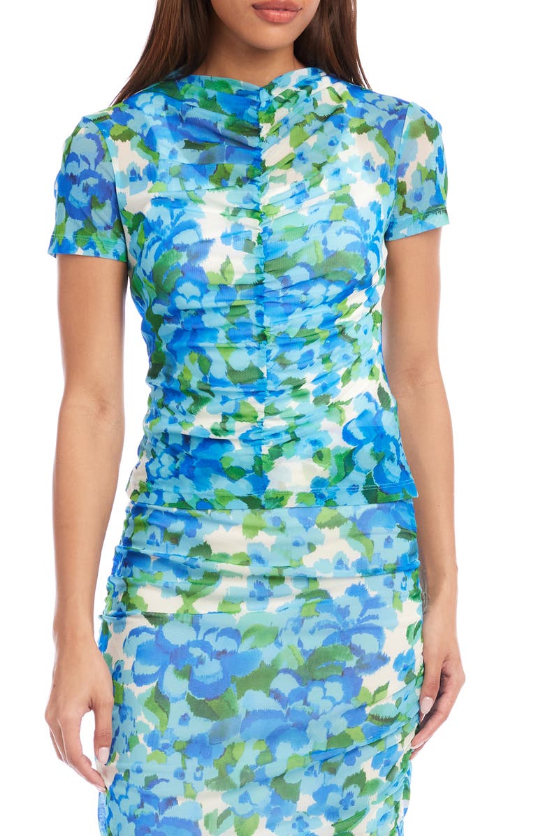 FIFTEEN TWENTY Sabrina Floral Ruched Mesh Top, Main, color,