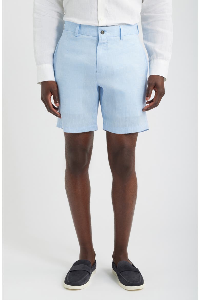 Light Blue Flat Front Linen Shorts, Main, color, LIGHT BLUE