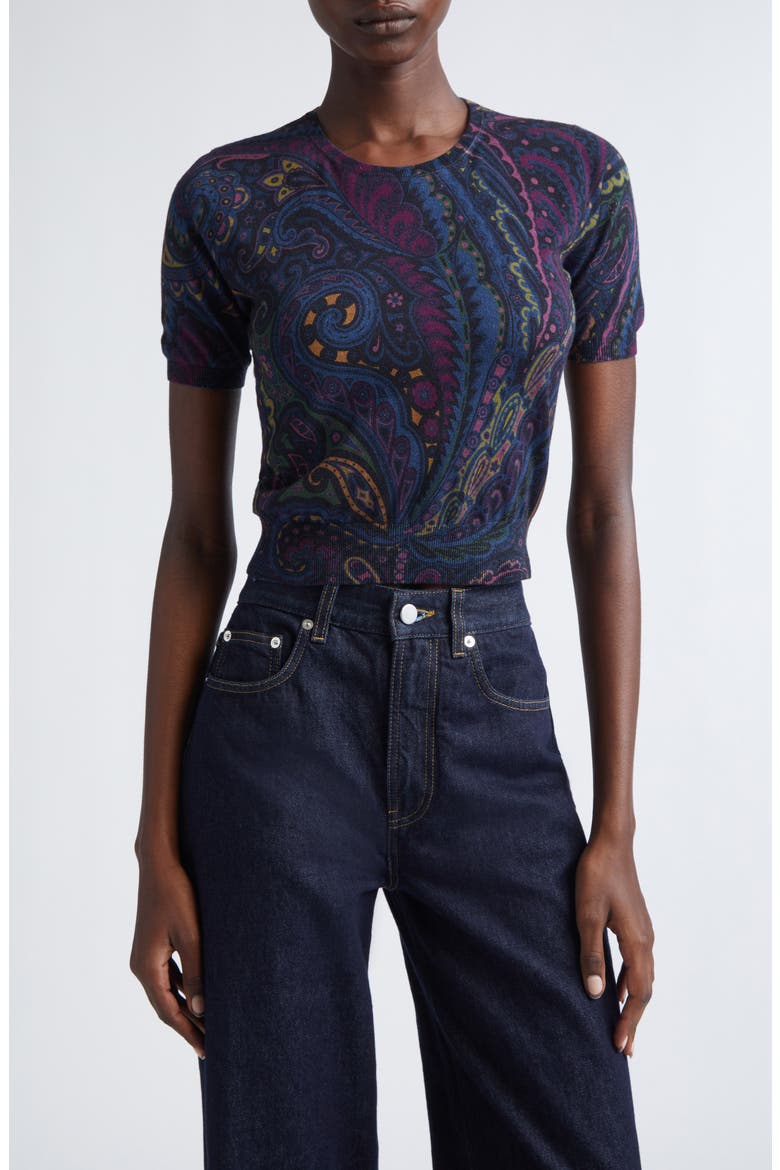 Paisley Silk & Cashmere Sweater, Main, color, PRINT ON BLUE BASE