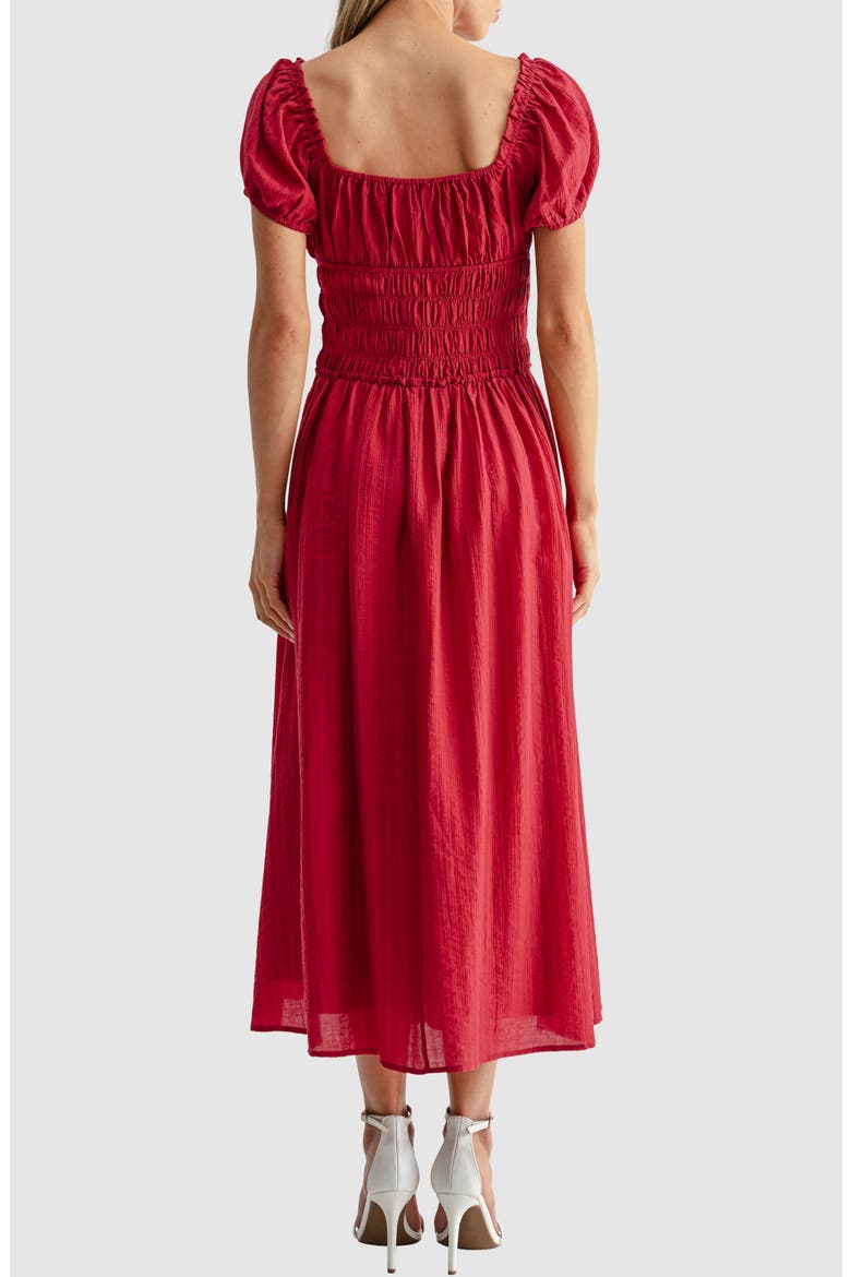Puff Sleeve Shirred Midi Dress, Alternate, color, CHERRY RED