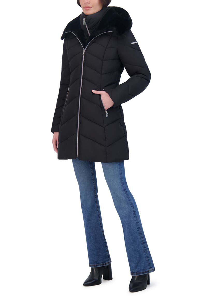 Faux Fur Trim Bibbed Puffer Jacket, Alternate, color, BLACK