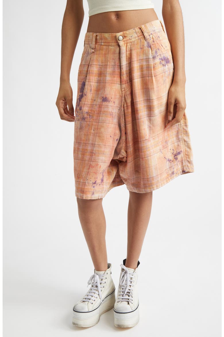 Jesse Plaid Pleated Cotton Wide Leg Carpenter Shorts, Main, color, OVERDYED ORANGE PURPLE PLAID