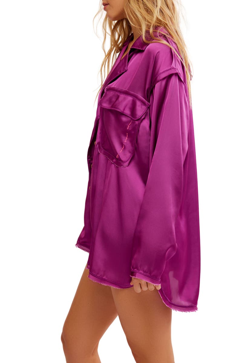 Free People Like Honey Long-Sleeve Satin Pajama Shirt, Alternate, color, Vivid Viola
