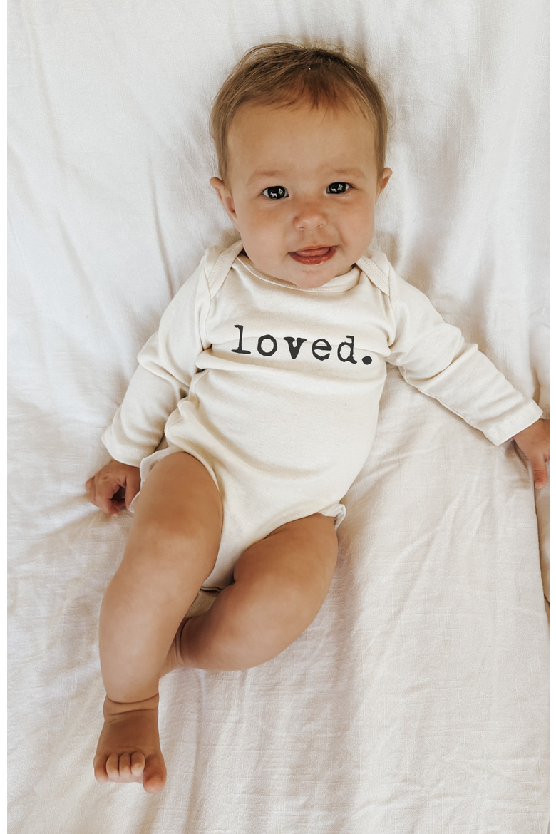 Loved - Organic Long Sleeve Baby Bodysuit, Alternate, color, Natural Black Lettering