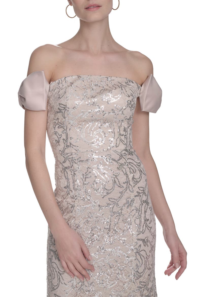 Bow Sequin Off the Shoulder Mermaid Gown, Alternate, color, CHAMPAGNE