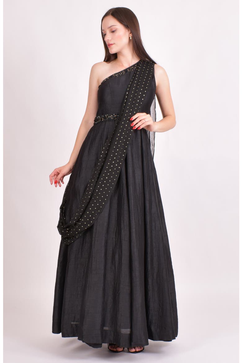 Oni One Shoulder Embroidered Saree Gown, Main, color, Black