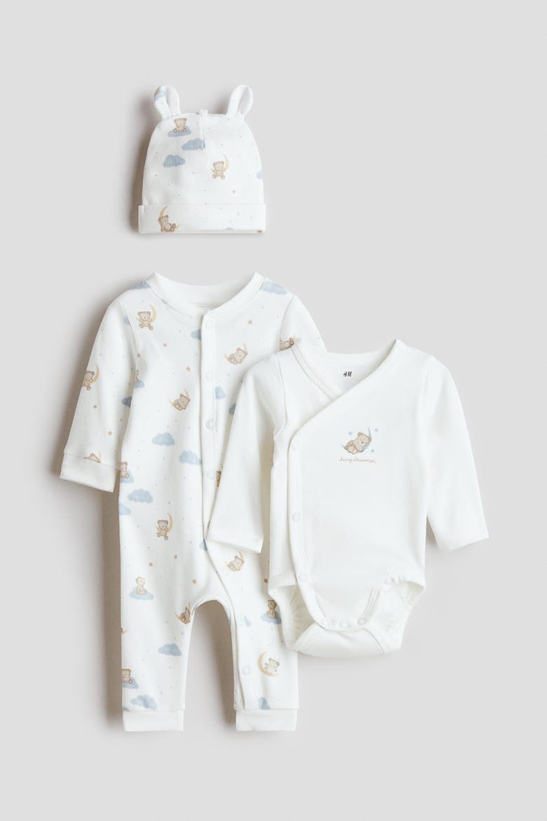 3-piece Cotton Set, Main, color, White/teddy bears