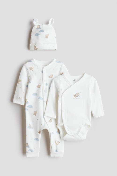 H&m Babies'  3-piece Cotton Set In White/teddy Bears