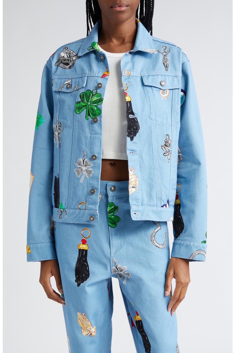 Gender Inclusive Charm Print Denim Jacket, Main, color, BLUE