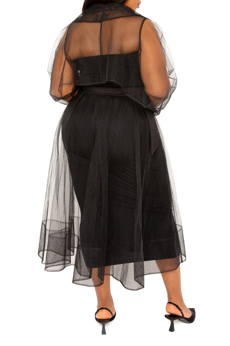 Belted Sheer Tulle Trench Coat, Alternate, color, BLACK