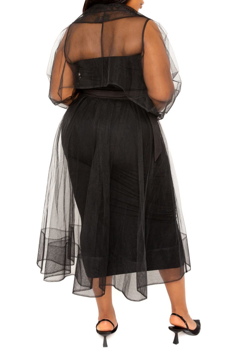 BUXOM COUTURE Belted Sheer Tulle Trench Coat, Alternate, color, Black