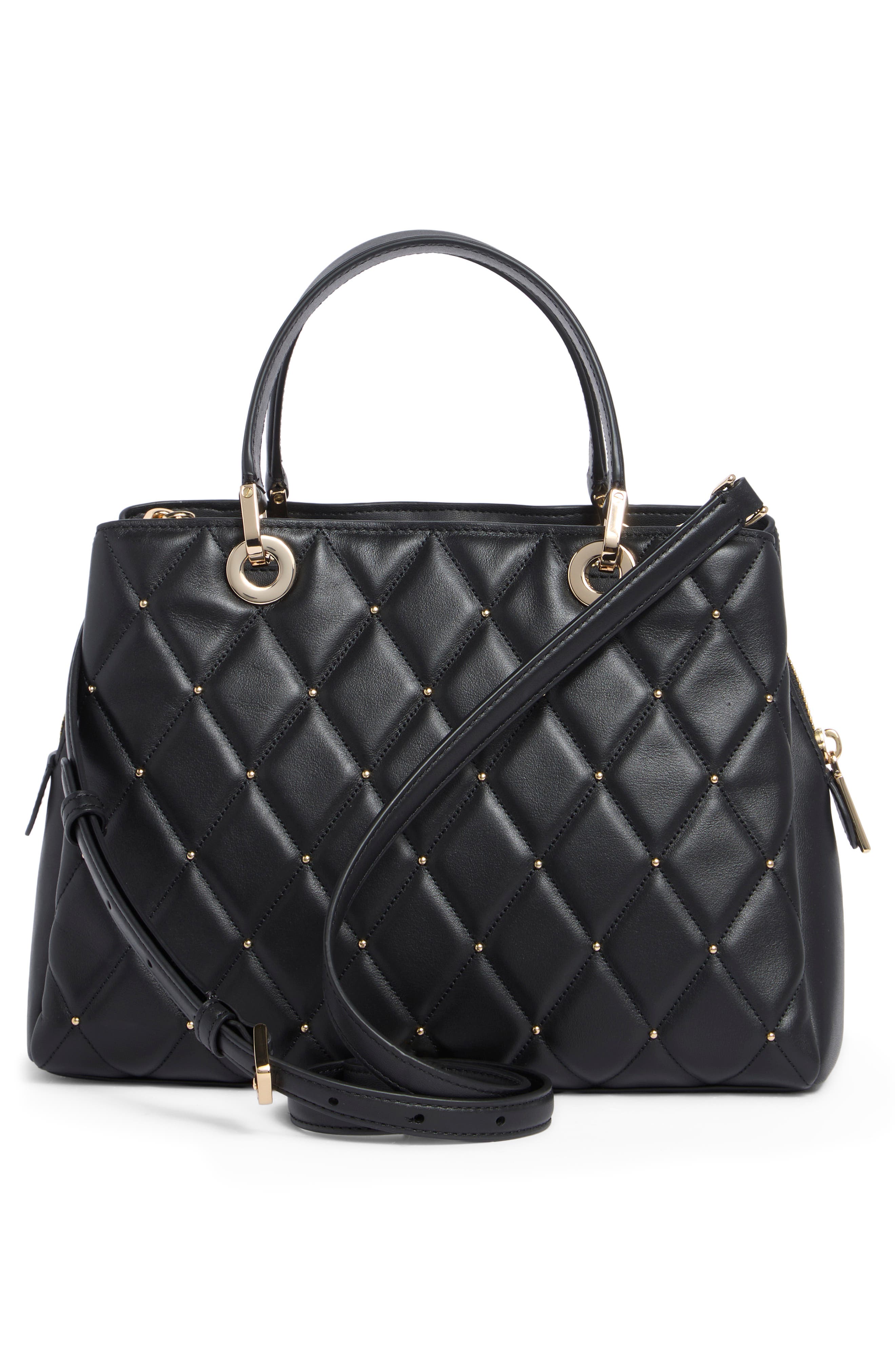 Carey Quilted Studded Medium Leather Satchel, Alternate, color, BLACK