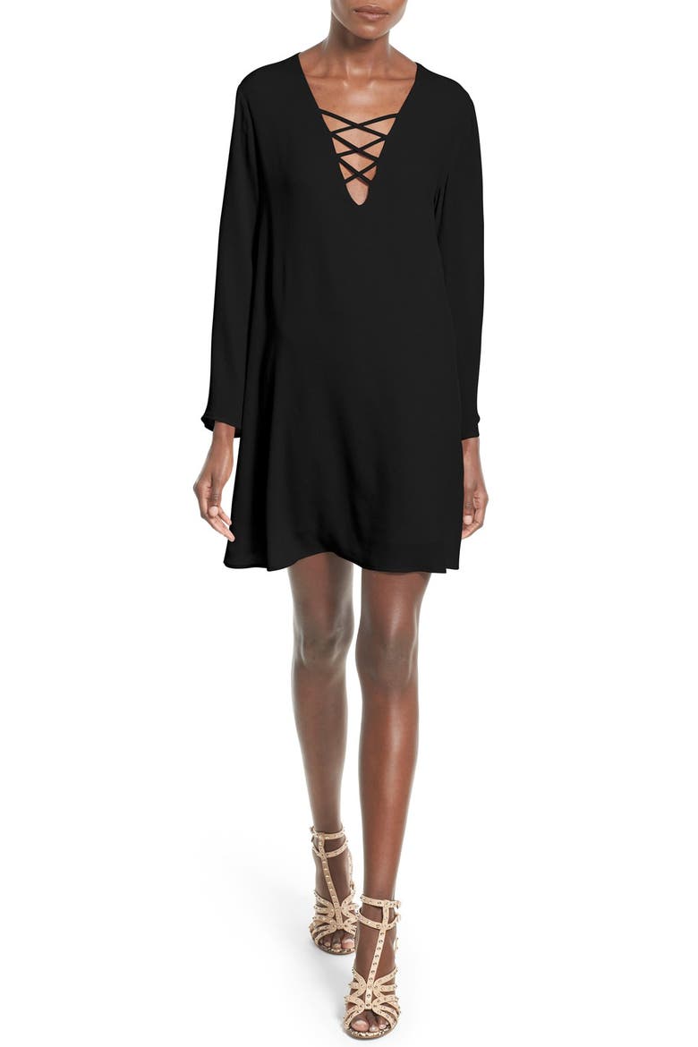 ASTR Lace-Up Bell Sleeve Shift Dress, Main, color, BLACK