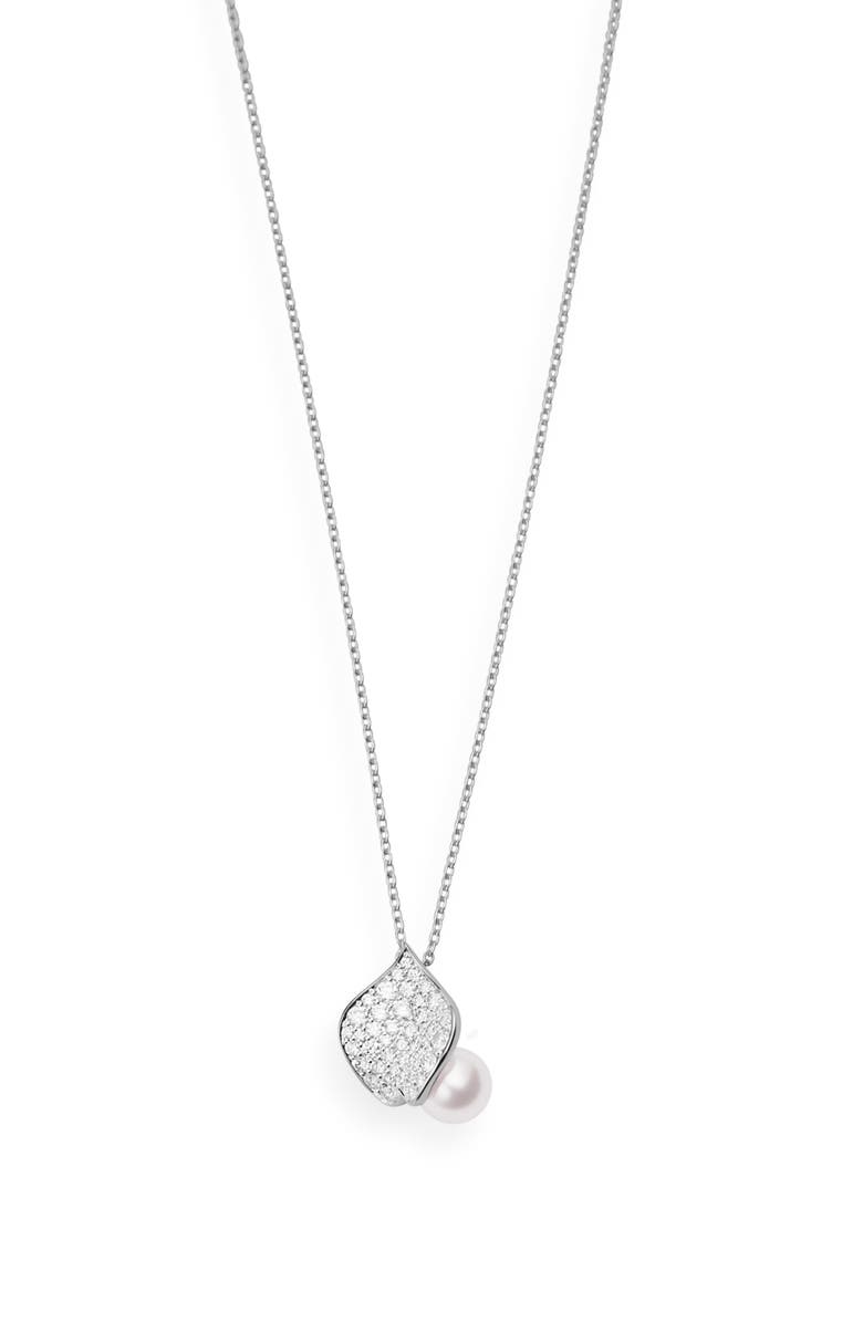 Mikimoto Diamond & Pearl Petal Pendant Necklace, Main, color, 