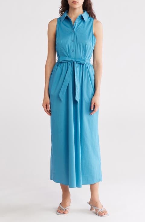 Tie Waist Stretch Cotton Shirtdress