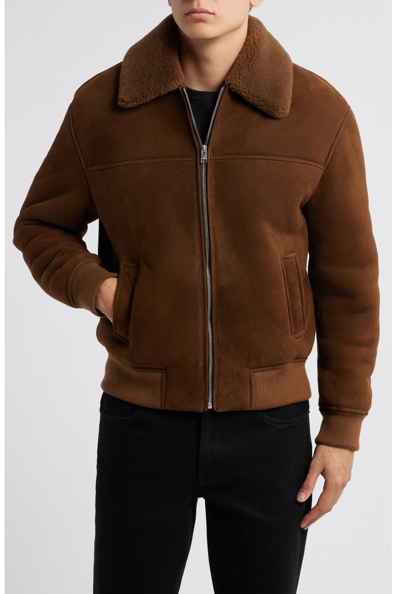 Suede & Genuine Shearling Bomber Jacket, Alternate, color, DARK CAMEL