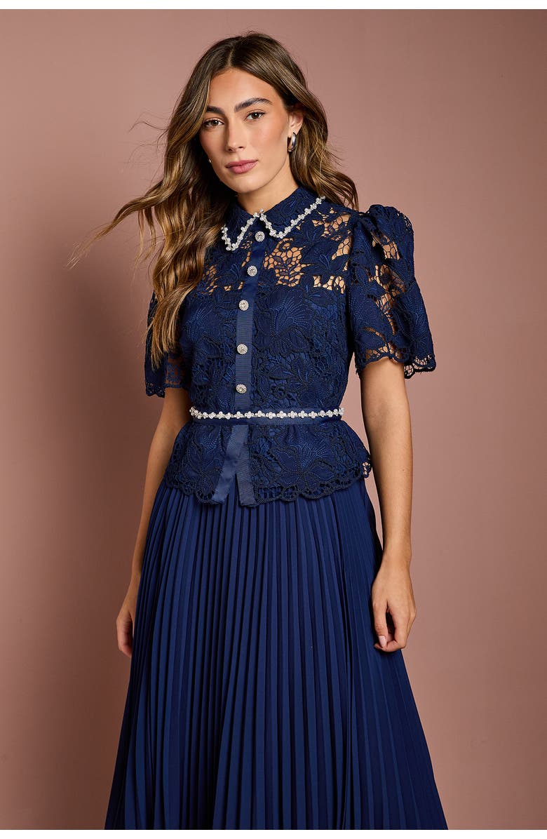 Coast Lace Top Pleat Skirt Jewel Button Dress, Alternate, color, Navy