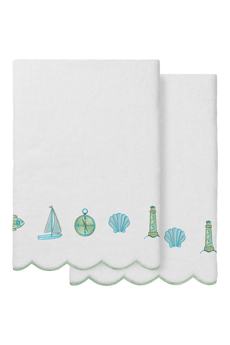 2-Piece Sea Joy Embroidered Turkish Cotton Bath Towel Set, Main, color, WHITE/ GREEN
